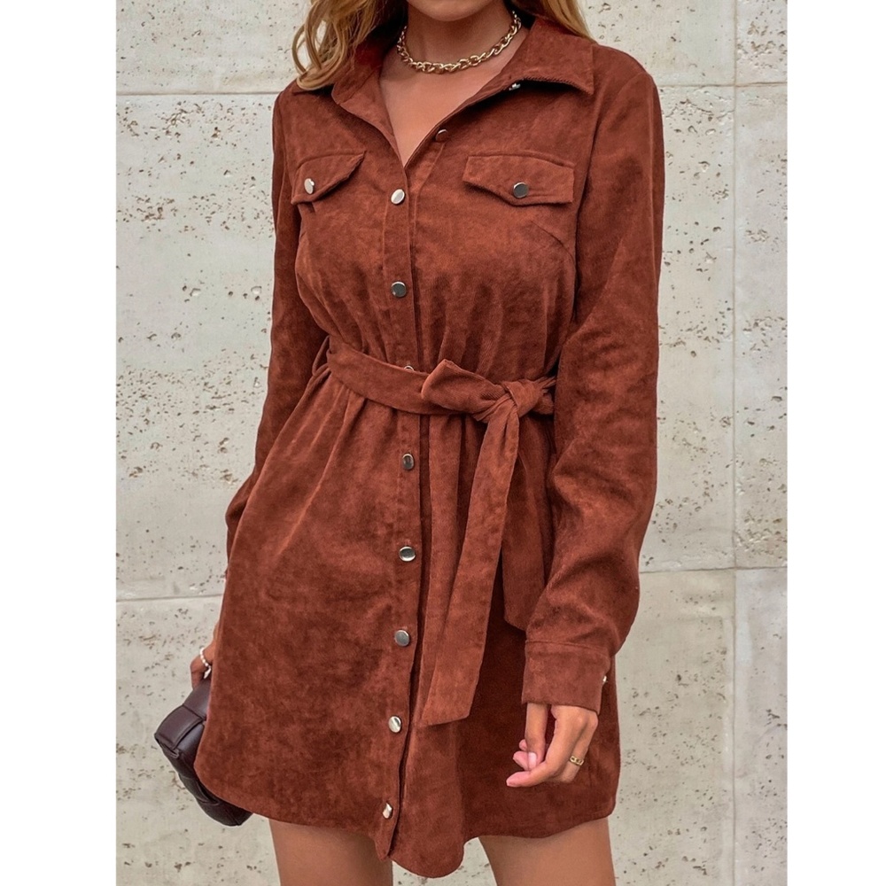Corduroy Rust Brown Casual Button Up Shirt Style Belted Mini Dress Long Sleeves - Picture 6 of 13